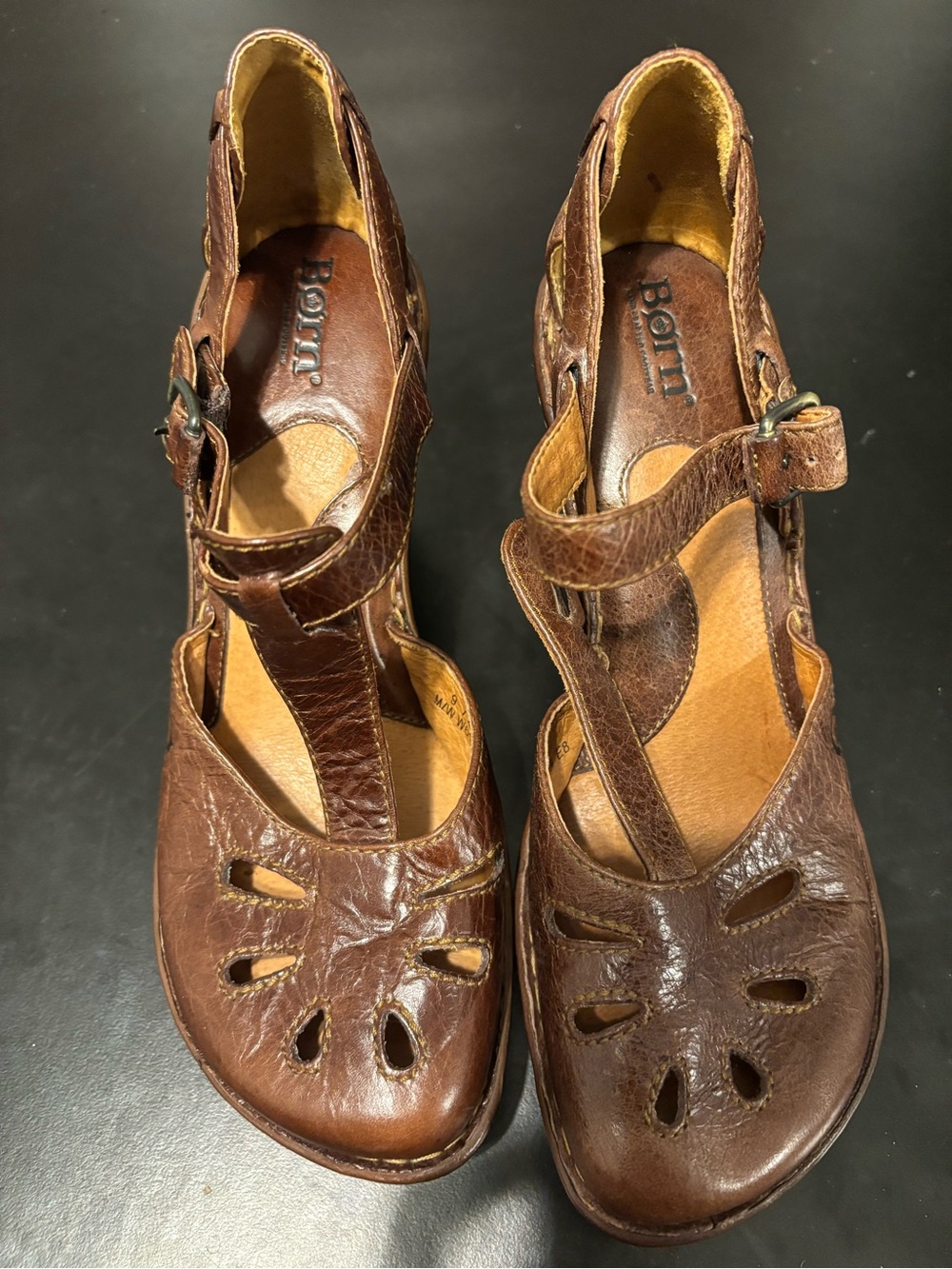 Born Charisma Brown Leather Mary Jane Wedge Sandals Cutout Boho Cottage Core 9
